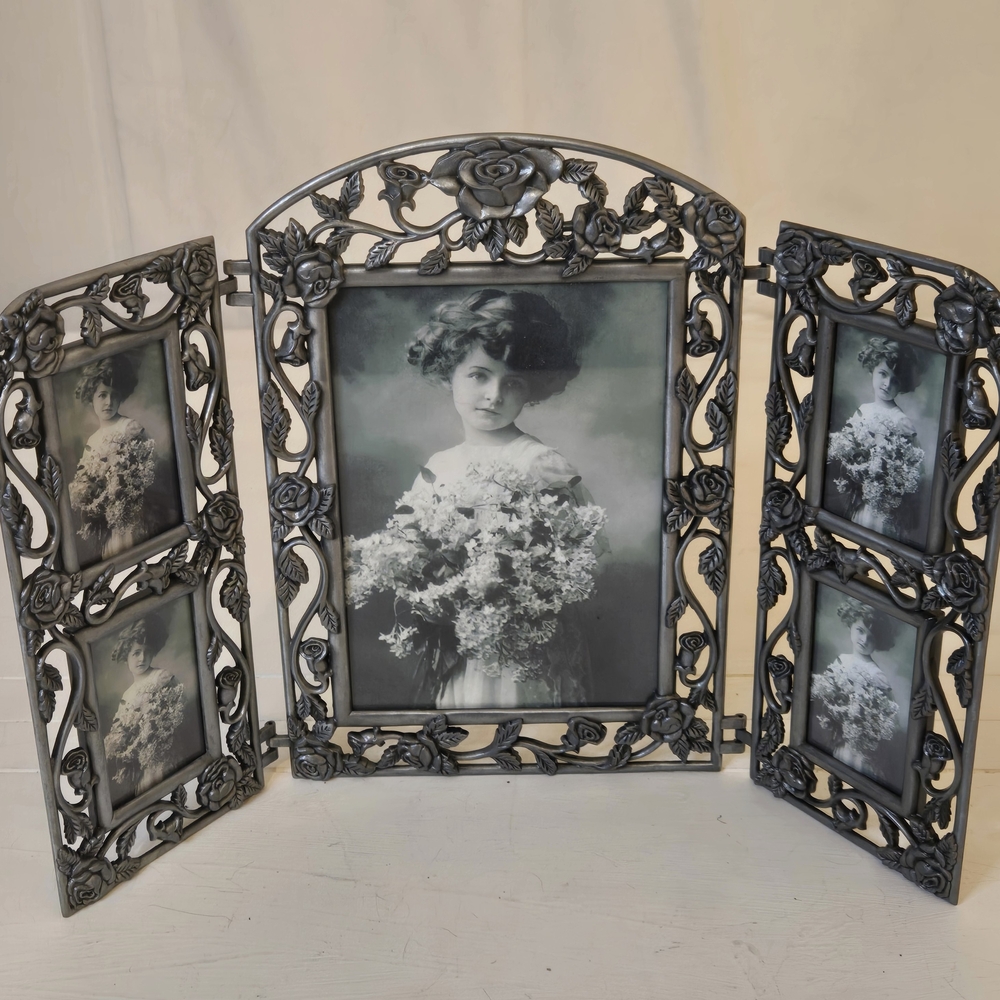 Victorian Linco Antique Vtg Style Trifold Multi Photo Picture Frame Pewter Tone